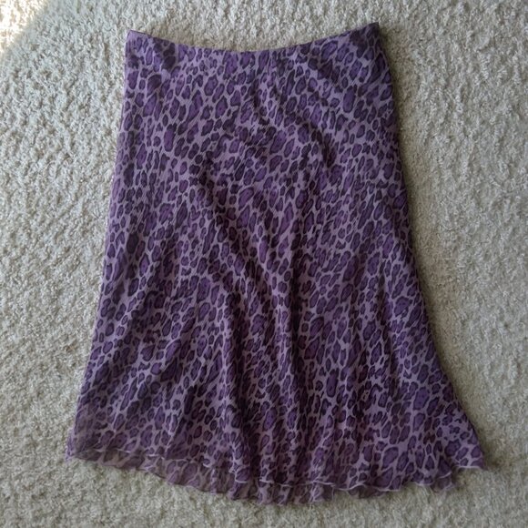 Vintage Y2K Hillard & Hanson Purple Leopard Print 100% Silk Midi Skirt - Picture 1 of 5